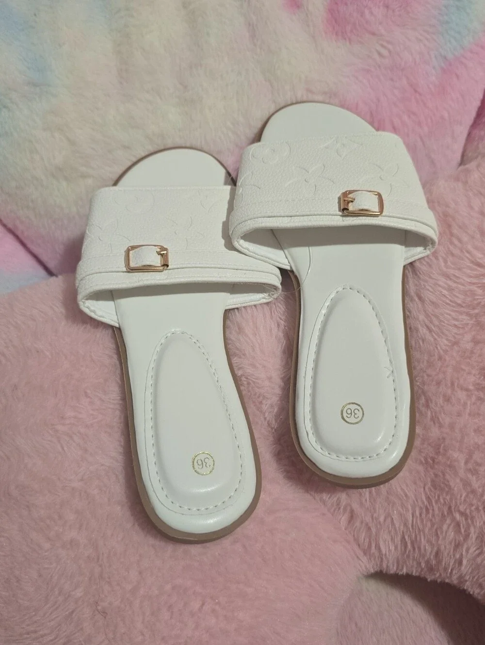 White Embossed Slide Sandals with Gold Buckle